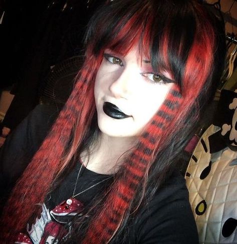 ☠ Cheyanne ☠ Red Black Scene Hair, Raccoon Tail Hair Extension, Red Scene Aesthetic, Scene Hair Middle Part, Emo Hair Extensions, Hair Dye Reference, Hair Black Tips, Crimson Tdi, Goth Red Hair