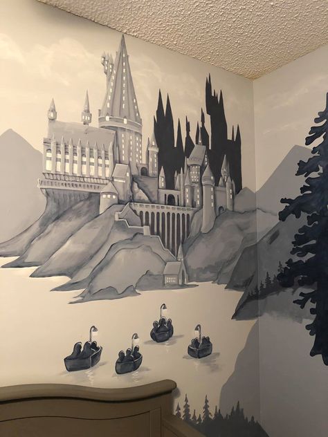 Harry Potter Bedframe, Hogwarts Wall Painting, Harry Potter Castle Silhouette, Harry Potter Wall Painting, Harry Potter Pregnancy Announcement, Hogwarts Nursery, Harry Potter Wall Mural, Harry Potter Inspired Room, Harry Potter Baby Room