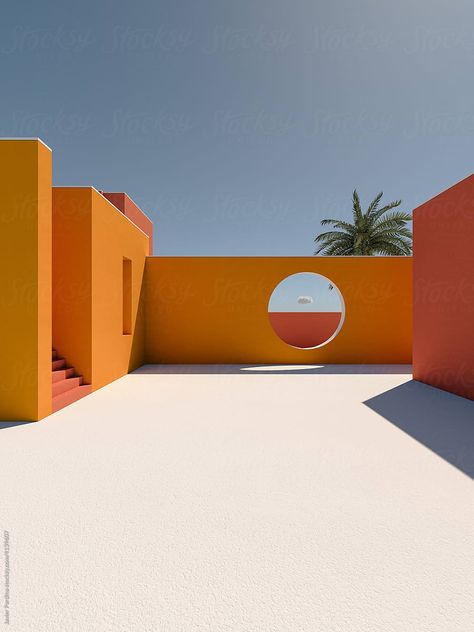 Vertical 3d render of a modern and minimal architecture with orange and red colors. Colored Concrete Architecture, Post Modernism Architecture, Orange Building Aesthetic, Cloth Architecture, Liminal Architecture, Minimalist Architecture Interior, Orange Building, Orange Interiors, Orange Architecture