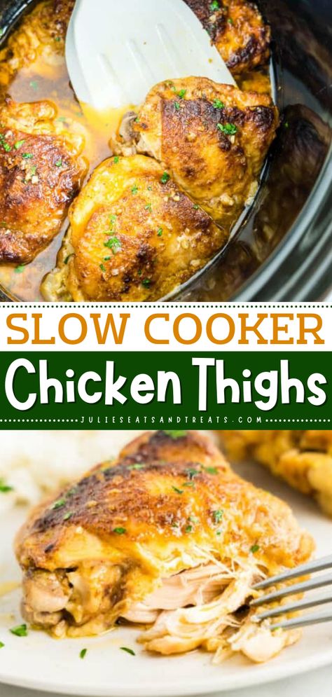 Out of slow cooker chicken ideas? Try these delicious Slow Cooker Chicken Thighs! This chicken recipe is juicy, tender, and perfect for busy weeknights or lazy weekends. Add this to your best slow cooker recipes for the family! Chicken Thigh In Crockpot Recipes, Crockpot Chicken Thigh Recipes Easy, Chicken Thighs In Crock Pot Recipes, Chicken Thigh Recipes For Crockpot, Slow Cooker Thigh Recipes, Chicken Thigh Recipe Crockpot, Slow Chicken Recipes Crock Pots, Chicken Thigh Recipes Crockpot Easy, Easy Chicken Thigh Recipes Crockpot Slow Cooker