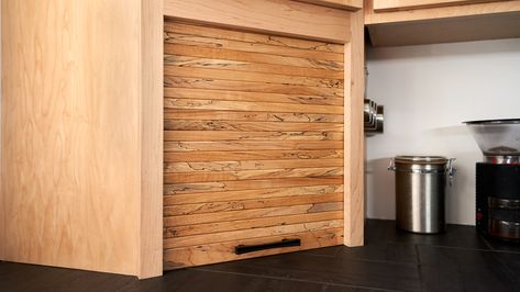 Diy Tambour Door, Tambour Door Cabinet, Wooden Window Shutters, Wooden Barn Doors, Tambour Door, Diy Cabinet Doors, Cabinet Diy, Appliance Garage, Kitchen Makeovers