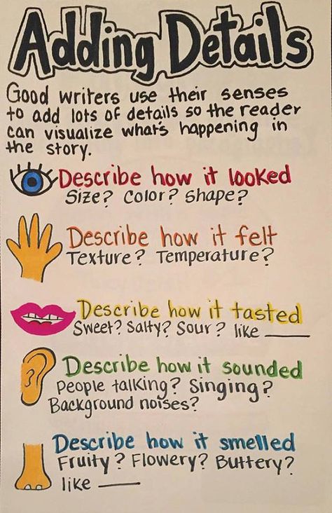 Lucy Calkins, Details Anchor Chart, Writers Workshop Anchor Charts, Third Grade Writing, 5th Grade Writing, 3rd Grade Writing, 2nd Grade Writing, Classroom Anchor Charts, 1st Grade Writing