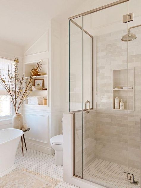 Spring 2024 Home Decor Trends and Design Ideas – jane at home Light Wood And White Bathroom, Master Shower Privacy Wall, Shower And Bathroom Tile Ideas, Shower Nook Tile Ideas, Aesthetic Master Bath, Beautiful Shower Tile, Bathroom With Charcoal Vanity, Master Bath Remodel Vanity, Angled Walk In Shower Ideas