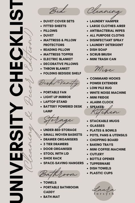 Worried you’ll forget something for your college dorm room? Our printable university checklist pdf ensures you have all the fundamentals to kickstart the semester with a bang! #dormroomchecklistpdf What I Did This Year Checklist, First Year University Packing List, University To Do List, Uni Essentials Packing Lists, College Registry Checklist, College Amazon Finds, Things You Need For College Dorm Room, Prom Checklist Getting Ready For, College Prep Checklist