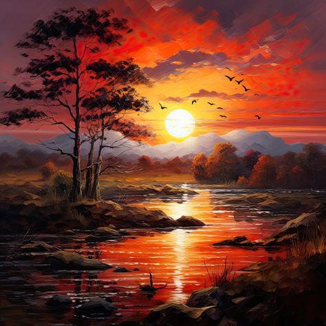 Colorful Sunset Painting, Paintings Of Sunsets, Landscape Sunset Painting, Seascape Paintings Acrylic, Modern Landscape Art, Spiritual Art Soul, Sunset Paintings, Beautiful Paintings Of Nature, Sunset Landscape Painting