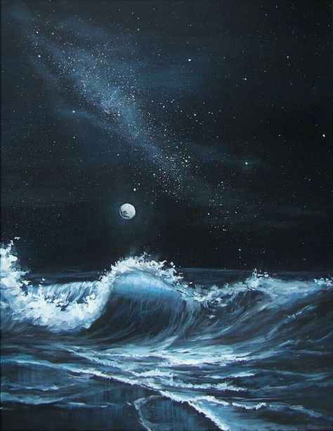 Paint The Ocean, No Wave, Night Sky Painting, Hur Man Målar, Wave Painting, Wallpaper Pastel, Seni Cat Air, Acrylic Painting For Beginners, Sky Painting