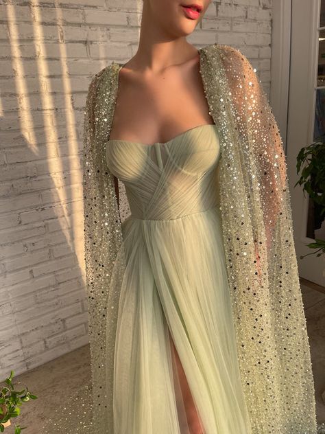 Light Green Glitter Dress, Dress With Cape Gowns, Prom Dresses With Glitter, Pastel Gowns, Fairy Ball Gown, Vestidos Color Pastel, Sage Green Prom Dress, Pastel Gown, Gown Cape