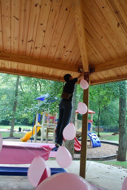 Tim helps decorate the pavilion | twentysixcats | Flickr How To Decorate A Park Pavilion, Park Pavilion Decorations, Pavilion Decorating Ideas, Decorating Balloons, Pavilion Decorations, Pavilion Party, Park Party Decorations, Birthday Party At Park, Park Party