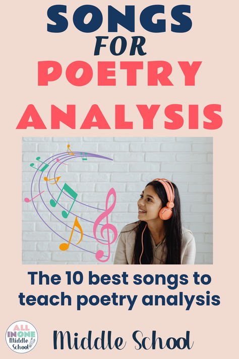 blog post on poetry lessons with the 10 best songs for poetry analysis Middle School Poetry, Poetry Month Activities, Poetry Middle School, Middle School Reading Comprehension, Poetic Devices, Poetry Music, Poetry Analysis, Ideas For Classroom, Free Teacher Resources