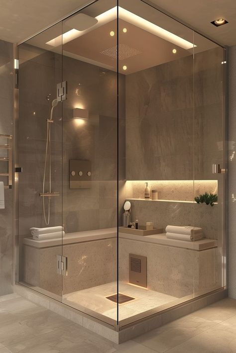 Contemporary Tile Bathroom, House Inspo Interior Design Modern, Modern Villa Bathroom, 6x6 Shower Master Bath, Luxury Ensuite Bathroom Ideas, Gorgeous Showers, Small Master Bath Ideas Layout, Luxury Homes Dream Houses Interior, Shower With Bathtub Inside Walk In