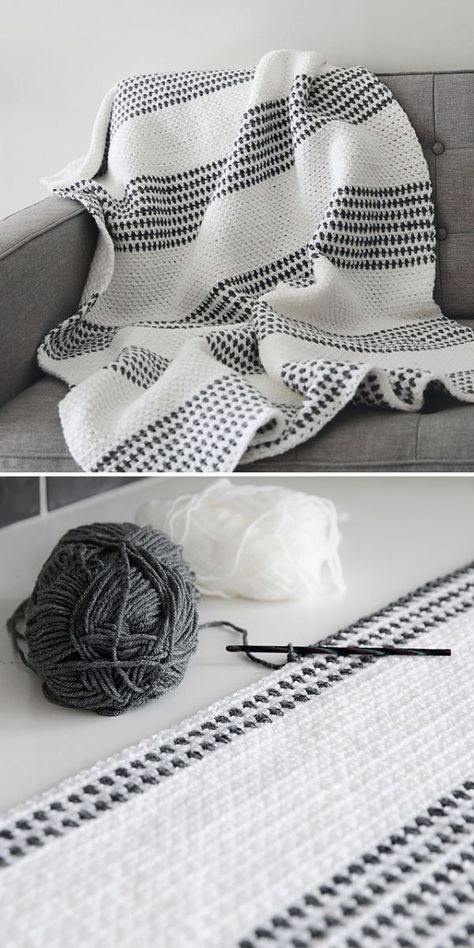 Farm House Crochet Blanket, Leelee Knits Free Crochet, Farmhouse Crochet Afghan Free Pattern, Black Crochet Blanket Color Schemes, Swear Blanket Crochet, Basketweave Stitch Crochet Blanket, Two Tone Blanket Crochet, Minimal Crochet Blanket, Minimalist Crochet Patterns