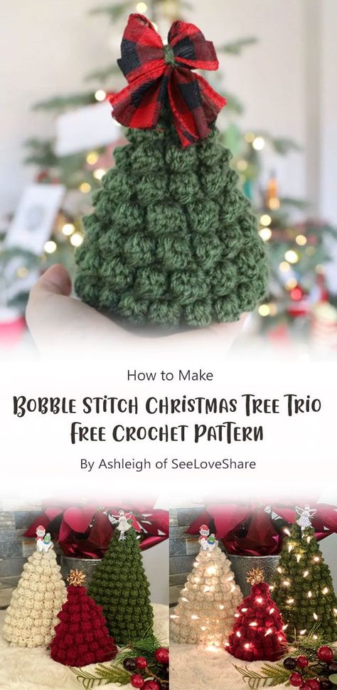 This adorable trio of crochet trees is the perfect Christmas decoration. Bring the Christmas spirit into your home with this simple crochet pattern by See Love Share. Patchwork, Natal, Amigurumi Patterns, Christmas Crochet Stitches, Crochet Trees Pattern, Christmas Decorations Crochet Free, Xmas Crochet Ornaments, Crochet Christmas Tree Patterns Free, Crochet Christmas Trees Free Pattern