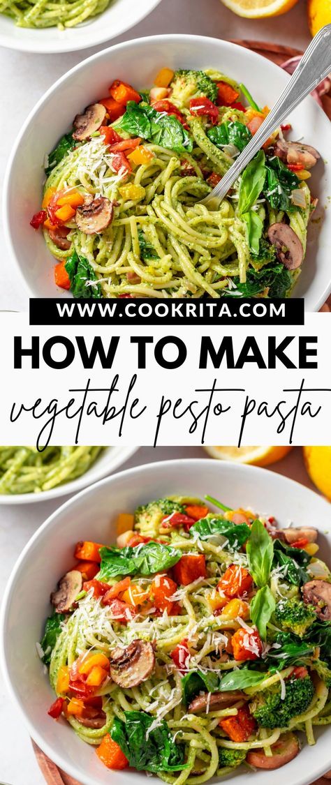 Pesto Pasta Veggies, Shrimp And Veggie Pesto Pasta, Veg Pesto Pasta Recipes, Veg Pesto Pasta, Vegan Veggie Pasta Recipes, Pasta Primavera With Pesto, Pesto Vegetable Pasta, Green Pesto Pasta Recipes, Vegetarian Pesto Recipes