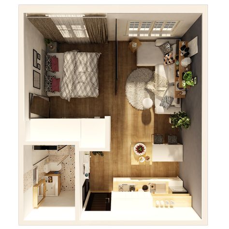 STUDIO APARTMENT on Behance Split Studio Apartment Ideas, 15x15 Studio Apartment Layout, Modern Studio Apartment Design, House Studio Design, 1 Room Studio Apartment, 25 Sqm Studio Apartment Ideas, 30 Square Metre Apartment, 200ft Studio Apartment, Small Efficiency Apartment Ideas Studios