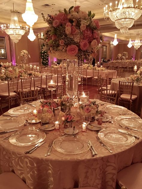 Classic Elegance Wedding @ Coral Gable Country Club / A&C Wedding #coralgablecountryclub #miamiwedding #romanticwedding #CGCCwedding Quince Themes Outside, Pink Quince Table Decor, Flower 15 Theme, Elegant Quince Decorations, Pink Invation Card, Elegant Quince Centerpieces, Champagne And Rose Gold Quinceanera, Floral Themed Sweet 16, Quince Royalty Theme