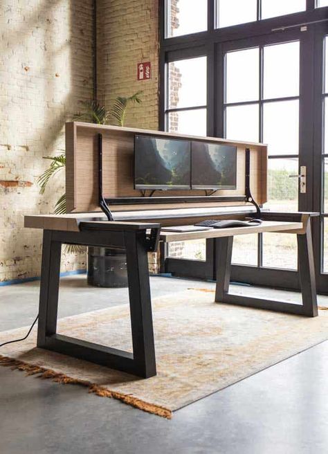 Dining And Working Table, Desk And Dining Table, Pop Up Monitor Desk, Desk Wood Diy, Diy Industrial Desk, Desk With Hidden Monitor, Hidden Monitor Desk Diy, Desk Dining Table Combo, Hidden Workstation