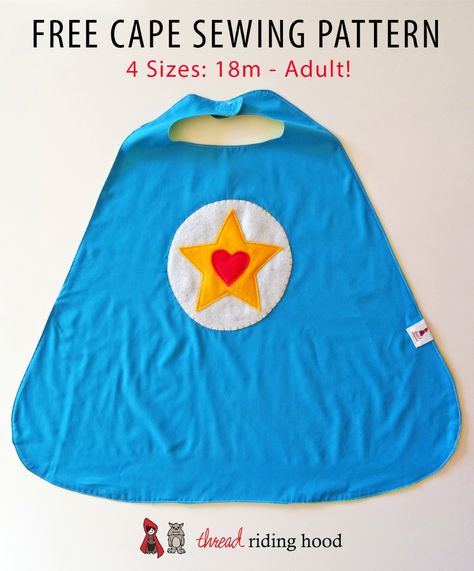 Free Cape Pattern in 4 Sizes - Thread Riding Hood Free Cape Pattern, Kids Cape Pattern, Superhero Cape Pattern, Cape Pattern Free, Boys Cape, Costumes Faciles, Toddler Cape, Super Hero Capes For Kids, Cape Tutorial