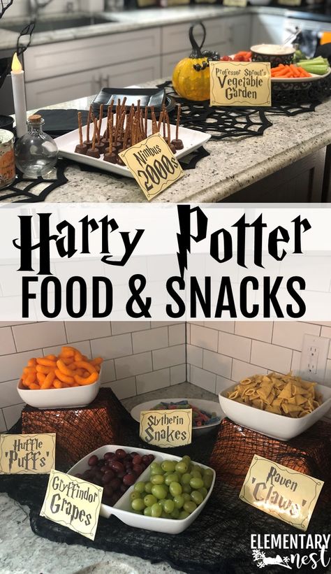 Harry Potter Themed Finger Foods, Harry Potter Feast Ideas, Harry Potter Theme Party Ideas, Simple Harry Potter Birthday Party Ideas, Mandrake Food Ideas, Harry Potter Buffet Table, Harry Potter Food Printables Free, Harry Potter Movie Night Snacks Easy, Harry Potter Snack Table