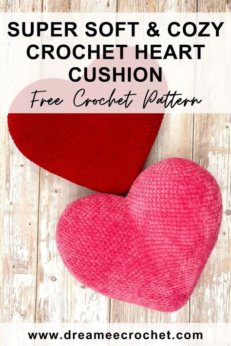 Super soft & cozy crochet heart cushion pattern, free crochet pattern. Free Amigurumi heart pillow pattern. Visit www.dreameecrochet.com for more patterns and video tutorials you'll love! #crochetprojects #crochettechniques #crochetpatterns #crochet #crochetheart Amigurumi Patterns, Crochet Pillow Heart Pattern, Crochet Plushie Pillow Free Pattern, Heart Crochet Pillow Pattern Free, Chunky Yarn Heart Pillow, Heart Free Crochet Pattern, Crocheted Heart Pillow, Heart Shaped Pillow Crochet, Crochet Heart Stuffed