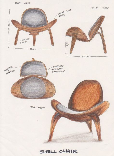 chair design by Hans Wegner Presentation Furniture Design, Hans Wegner Shell Chair, Luxurious Chair, Organic Chair, Famous Chair, Interior Design Sketchbook, Minimalist Chair, Curved Chair, Furniture Sketch