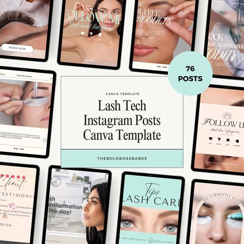 This aesthetic Lash Tech Business Instagram posts template including 76 posts and is created for Lash Tech business owners, Lash Artist, and beauty salons business owners. By purchasing this Canva template you are gonna receive a PDF file which has the Canva link inside of it. Then you can click on the link and have access to your template and change it based on your brand :) These 76 posts contain baby pink and pastel blue colors Aesthetic Instagram Posts which suitable for Lash Tech business o