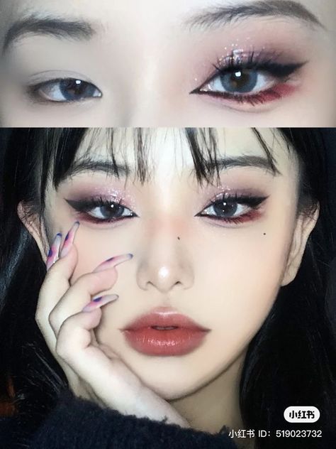 douyin makeup style asian fox eye kawaii baddie makeup tutorial eyelash eyeliner eyeshadow cut crease cute fierce red under eyeliner sharp nails Edgy Asian Makeup, Half Caked Makeup, Edgy Korean Makeup, Anime Inspired Makeup, Makeup Edgy, Make Up Korean, Extreme Make-up, Make Up Mata, Makeup Asia