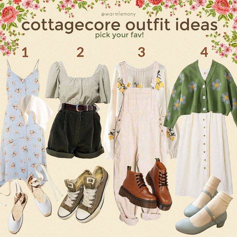 🍋 ｗａｒｍｌｅｍｏｎ��ｙ 🍋 on Instagram: “Comment below what makes you happy! Which outfit is your fav? ✨😍✨ This is for sure my favourite aesthetic ever! 🥰 . . . #cottagecore…” Dark Cottage Core Fashion, Cottage Core Outfit Aesthetic, Cottagecore Wlw, Soft Cottagecore Outfits, Summer Cottagecore Outfits, Cottagecore Outfits Aesthetic, Vintage Cottagecore Outfits, Grandmacore Outfit, Cottagecore Summer Outfits