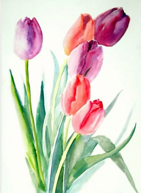 Paint Tulips, Kollage Konst, Tulip Watercolor, Watercolor Easy, Tulip Clipart, Tutorial Painting, Beautiful Christmas Scenes, Tulip Painting, Watercolor Flowers Tutorial