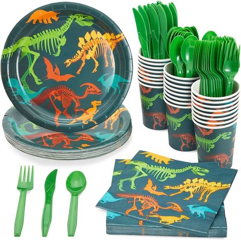 Amazon.com: 144-Piece Dinosaur Birthday Party Supplies with Paper Plates, Napkins, Cups and Cutlery for Dino Party Decorations (Serves 24) : Toys & Games Dinosaur Party Plates, Dino Party Decorations, Dinosaur Birthday Theme, Dinosaur Party Decorations, Dinosaur Birthday Party Decorations, Dinosaur Party Supplies, Dinosaur Themed Birthday Party, Dino Birthday Party, Dinosaur Theme Party