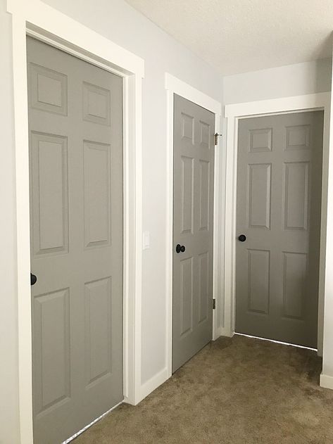 How to Paint Your Interior Doors Door Paint Ideas, Interior Door Colors, Grey Interior Doors, Home Depot Paint, Hallway Door, Painted Interior Doors, Door Paint, Diy Interior Decor, Hemma Diy