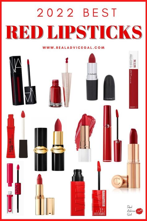 Ultimate list of the best red lipsticks. High-end and drugstore brands of lipsticks with great formula. Taylor Swift Lipstick Red, Blue Based Red Lipstick Drugstore, Best Blue Red Lipstick, Best Red Lipstick For Medium Skin Tone, Best Red Lipstick For Fair Skin, Red Lipstick Drugstore, Best Matte Red Lipstick, Tomato Red Lipstick, Drugstore Red Lipstick