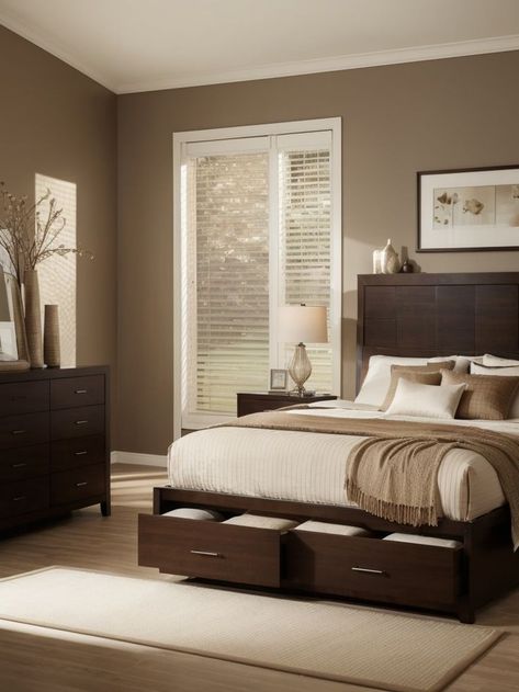 Find Serenity with Brown Bedroom Decor Ideas Opt for a minimalist approach in your brown bedroom by keeping furniture and accessories to a minimum, allowing the beauty of the brown color palette to shine. #BrownIdeas #BrownDesign Bedroom Ideas In Brown Colors, Bedroom Ideas Espresso Furniture, Brown Wallpaper For Bedroom, Room Decor Brown Furniture Bedroom, Brown Bed Bedroom Ideas, Beige Aesthetic Room Decor, Coffee Colour Bedroom, Brown Bed Ideas, Brown Accent Bedroom