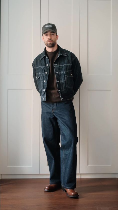 Denim On Denim Outfit Men, Men Denim Outfit, Denim Jeans Outfit Men, Hat Men Outfit, Jean Jacket Outfits Men, Daniel Simmons, Denim Jacket Men Outfit, Statement Sneakers, Denim Outfit Men