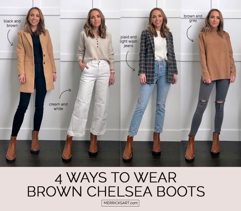 4 Outfits with Brown Chelsea Boots - Merrick's Art Shiny Brown Boots Outfit, Dressing Up Chelsea Boots, Brown Shoes Outfit Women Casual, Brown Boot Outfits Winter, Work Outfits Brown Boots, Chelsea Boot Style Woman, Office Outfits With Chelsea Boots, Ways To Style Chelsea Boots, Womens Brown Boots Outfits