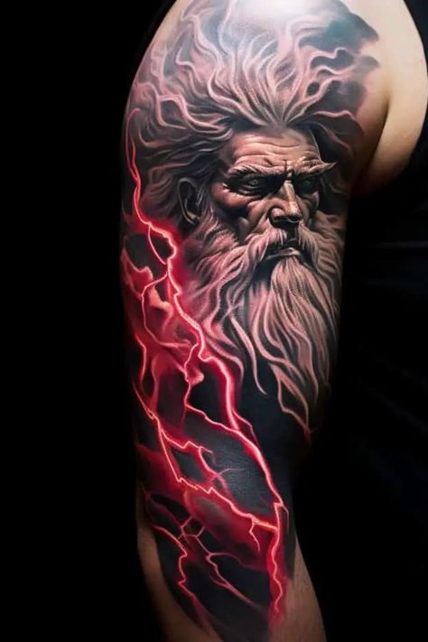 Zeus Tattoo Sleeve Zeus Tattoos, Zues Tattoo, Lightening Tattoo, Ship Tattoo Sleeves, Different Tattoo Styles, Greek God Tattoo, Colored Tattoo Design, Lightning Tattoo, Poseidon Tattoo