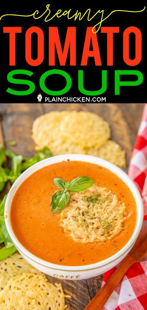 Shallot Butter, Leftover Soup, Tomato Juice Recipes, Plain Chicken Recipe, Homemade Tomato Soup Recipe, Parmesan Chips, Cream Of Tomato Soup, Tomato Soup Homemade, Soups Stews Chilis