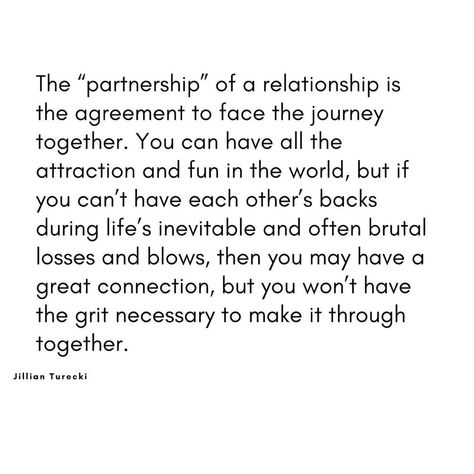 Jillian Turecki on Instagram: “Attraction and fun are super important aspects to a relationship, and the “partnership” part is not sexy at all honestly. But, it’s…” Strong Marriage, Partnership Quotes Relationships, Jillian Turecki, Partnership Quotes, Connection Quotes, Motivation Text, Love Truths, Emotional Awareness, Quote Of The Week