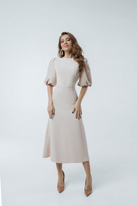 Elegant Short Sleeve Dress, Modest Champagne Dress, Garment Friendly Outfits, Puff Sleeve Dress Classy, Big Sleeve Dress, White Dress Modest, Beige Color Dress, Beige Dress Outfit, Shawl Lapel Suit