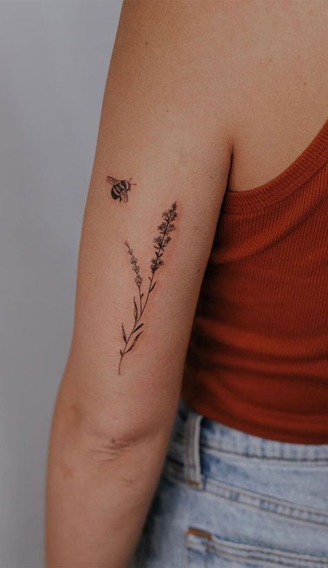 Womens Bee Tattoo, Flower With Bees Tattoo, Honeybee Tattoo Flowers, Simple Bee And Flower Tattoo, Larkspur And Bee Tattoo, Flower Tattoo Ideas Small, Tattoo Ideas For Significant Other, Bumble Bee Tattoo Simple Outline, Small Honey Tattoo