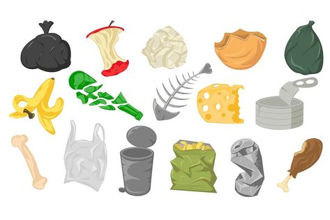 Set of different cartoon scraps and garbage vector graphic illustration. Collection of various trash waste isolated on white background. Environmental Rubbish Drawing, Garbage Illustration, Trash Illustration, Waste Illustration, Trash Drawing, Logo Banners, Games Images, Background Banner, Cartoon Style