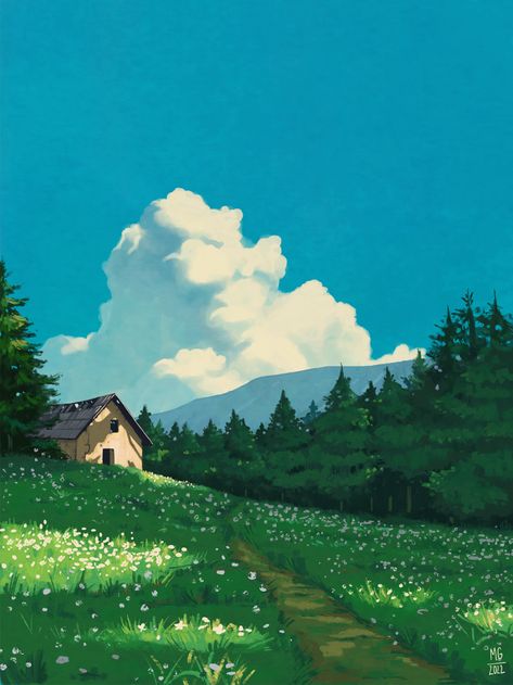 Perspective Art Reference Landscape, Scenery To Paint Landscapes, Ghibli Studios Scenery, Digital Art Of Nature, Scenery Painting Digital, Anime Background Painting, Ghibli Studio Landscape, Illustration Scenery Landscapes, Ghibli Style Landscape