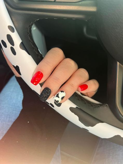 Bull Riding Nails, 21st Birthday Nails Western, Neon Pink Western Nails, Cow Print Nails Ideas, Red And Black Cow Print Nails, Red Cow Print Nails Acrylic, Maroon Western Nails, Easy Western Nail Designs, Red Punchy Nails