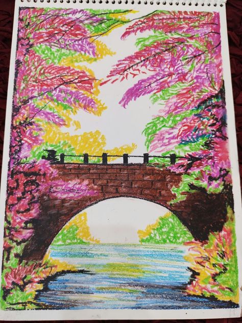 Pastel, Nature, Simple Nature Drawing, Oil Pastel Scenery, Bridge Scenery, Pastels Artwork, Circle Painting, Art Help, Pastel Artwork