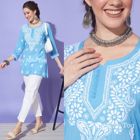 Chikankari Outfits, Short Kurta For Women, Chikankari Embroidery, Kurta Top, Short Kurti, Short Kurta, Kurta For Women, Simple Trendy Outfits, Women Blouses