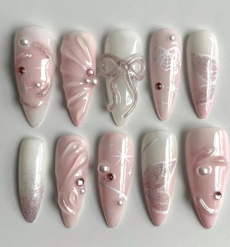 Materials: gel nail, long stiletto tips Greetings and welcome to my store. Hope you find a style you like. ✋🙆I only work with high-quality materials to create sturdy & long-lasting luxury press on nails that you can trust on. My nails will last for:1- 2 days using adhesive tab (provided with the nail set) 2- 3 weeks using nail glue. You can reuse all of the nails multiple times if you take care of them. Follow the instructions provided with the nail set. 💮Please follow the instruction size mea Creepy Nail Ideas, Douyin Pink Nails, Pink And Pearl Nails, Coquette Hobbies, Iu Nails, Fake Nails Aesthetic, Pink Kawaii Nails, Rococo Nails, Acubi Nails