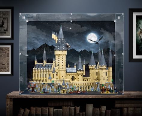 ⚡🎂 Happy Birthday, Harry Potter! 🎉✨ Lego Hogwarts Castle Display, Harry Potter Lego Display, Harry Potter Lego Display Ideas, Harry Potter Wand Stand, Harry Potter Wand Display, Lego Hogwarts Castle, Castle Display, Lego Display Case, Harry Potter Display