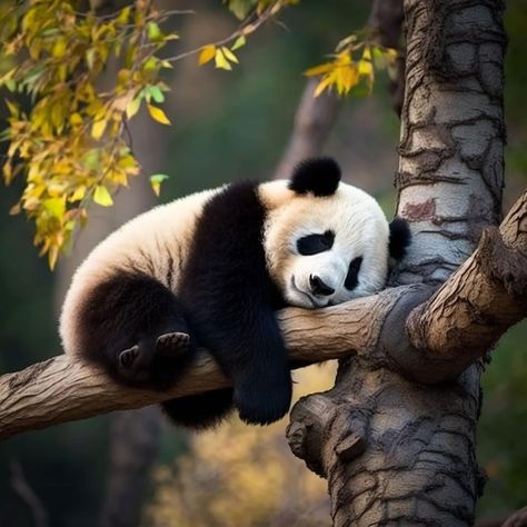 A panda bear sleeping on a tree branch | Premium Photo #Freepik #photo #sleep #asian-sleep Tattoo Panda, Panda Sleeping, Panda Icon, Tattoo 2024, Sleeping Panda, Bear Sleeping, Raccoon Family, Bear Pictures, Panda Love