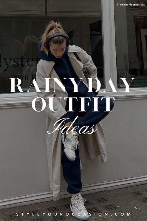 15+ Chic & Cozy Rainy Day Outfit Ideas for Casual, Work, School, Spring, and Fall. Snuggle up in style with these cute and casual rainy day outfit ideas. Whether it's for work, school, or simply running errands, we've curated the perfect rainy day outfit ideas to keep you cozy during those spring and fall weather! Rainy Day Joggers Outfit, Cozy Outfit Ideas Spring, Cozy Weather Outfits, Rainy Casual Outfits For Women, Casual 50 Degree Weather Outfit, Rain Street Style, Rainy Weather Outfits Spring, Rainy Day Winery Outfit, Rainy Day Outfit For Spring Casual Rain