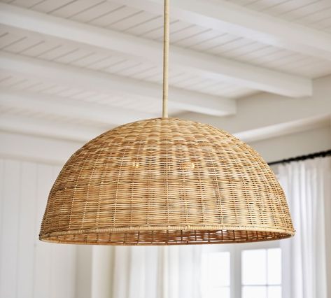 Marion Woven Dome Pendant | Pottery Barn (US) Dining Room To Playroom, Stairway Sconces, White Oak Dining Table, Slanted Ceiling, Rattan Pendant, Dome Pendant Lighting, Construction Crafts, Clay Vase, Oak Dining Table