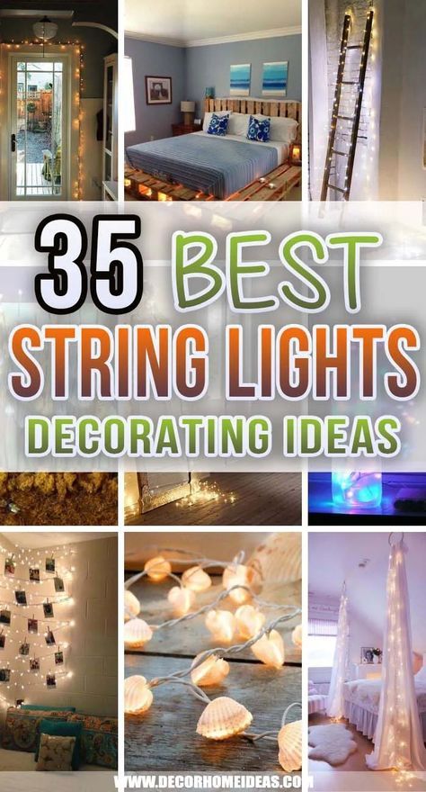 35 Awesome String Lights Decorating Ideas To Bring More Cheer In Your Home | Decor Home Ideas String Lights In Dining Room, Decorative Lights Ideas, Patio Lights Indoors Living Rooms, String Lights On Headboard, Decorate With Lights Indoors, Tiny Lights Decoration, White Light Decorating Ideas, Fairy Lighting Ideas, String Lights Bed